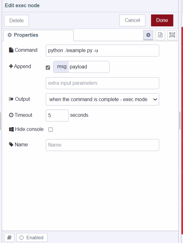 Screenshot of the Exec node executing python file "Screenshot of the Exec node executing python file"